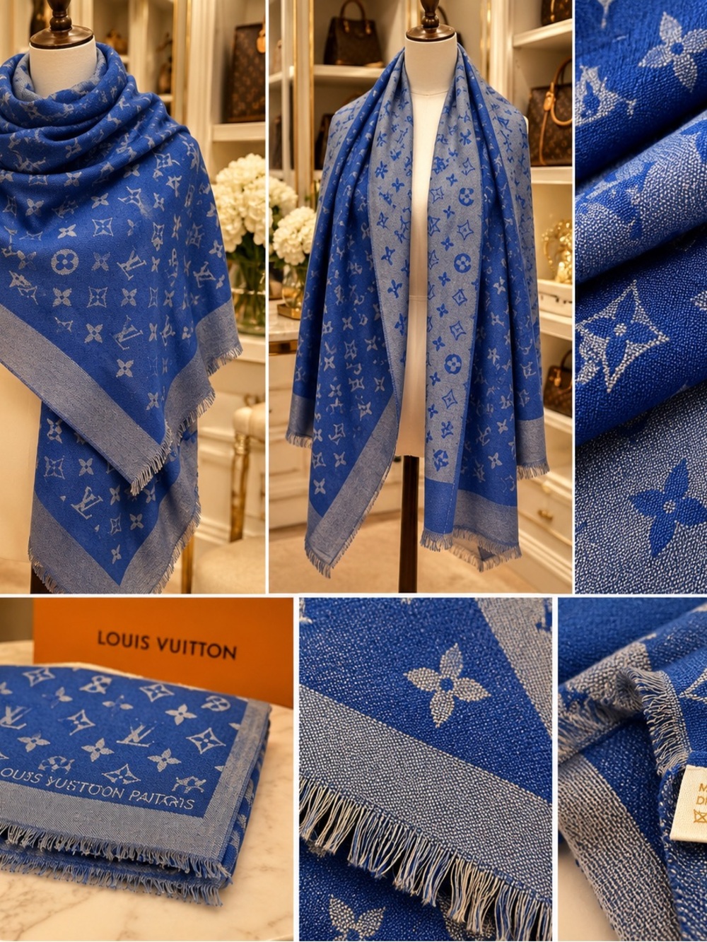 Louis Vuitton Monogram Jacquard Stole Scarf Blue Gray 67.5” France NWOT